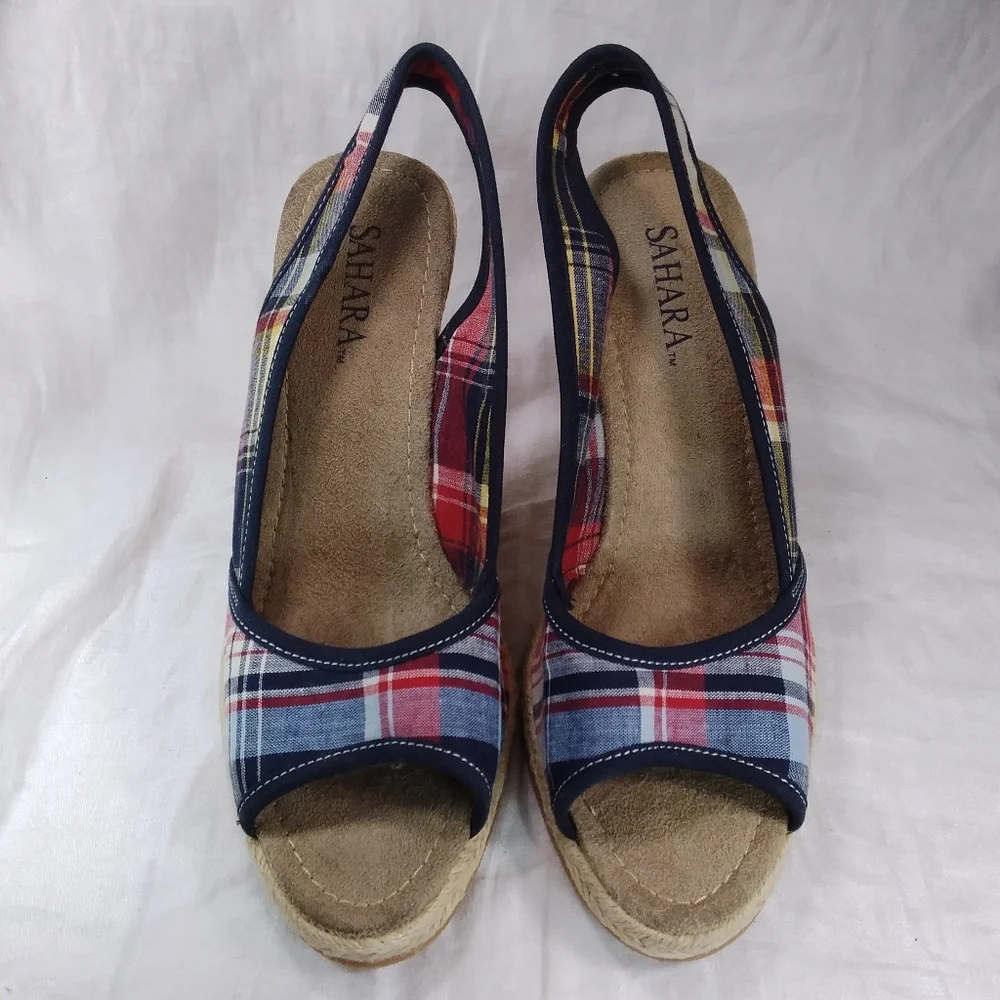 Sahara Buckley Plaid SANDALS Red White Blue Womens Size 10M Slingback Wedge Heel